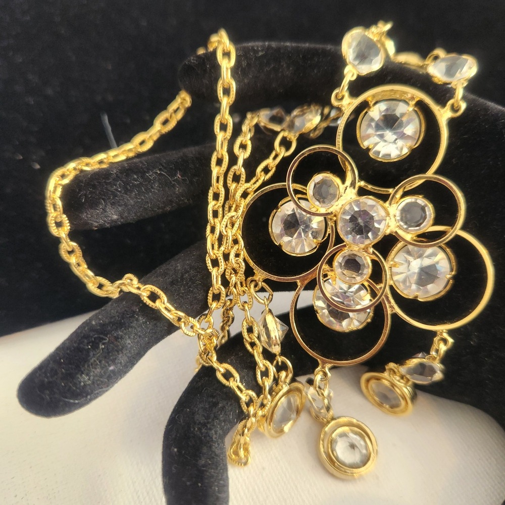 Gold Tone‎ Clear Crystal Floral Cluster Drop Statement Necklace Evening Jewelry